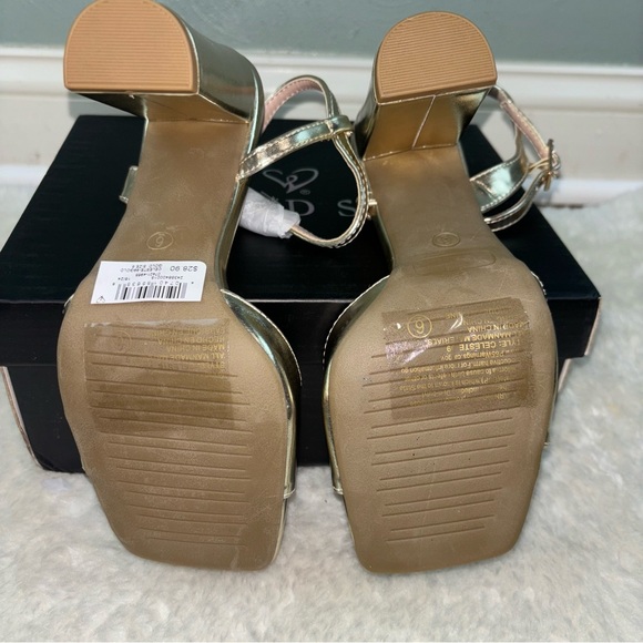 NIB Windsor Celeste Metallic Gold Double Buckle Rhinestone Open Toe Heels Size 6 - Picture 8 of 9